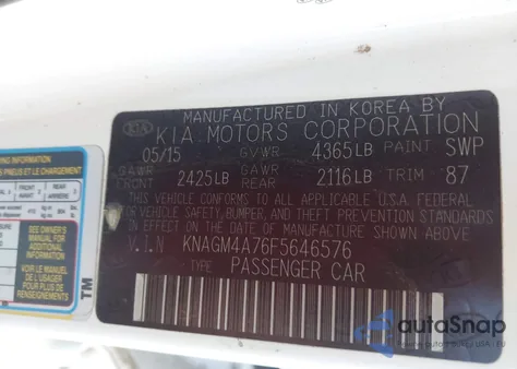 2015 Kia Optima Lx из США, поврежденный, VIN KNAGM4A76F5646576